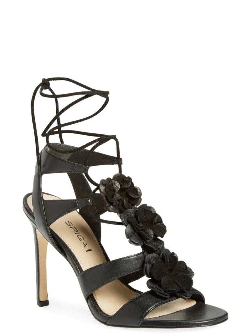 Via Spiga New Heels Rosette Lace Up Sandal Leather Flower Strappy Black 9
